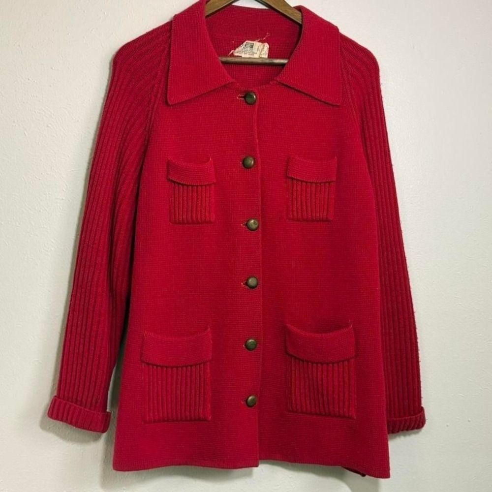 Vintage 70s Montgomery Ward Cardigan Sweater Womens 42 Preppy Pockets Ribbed